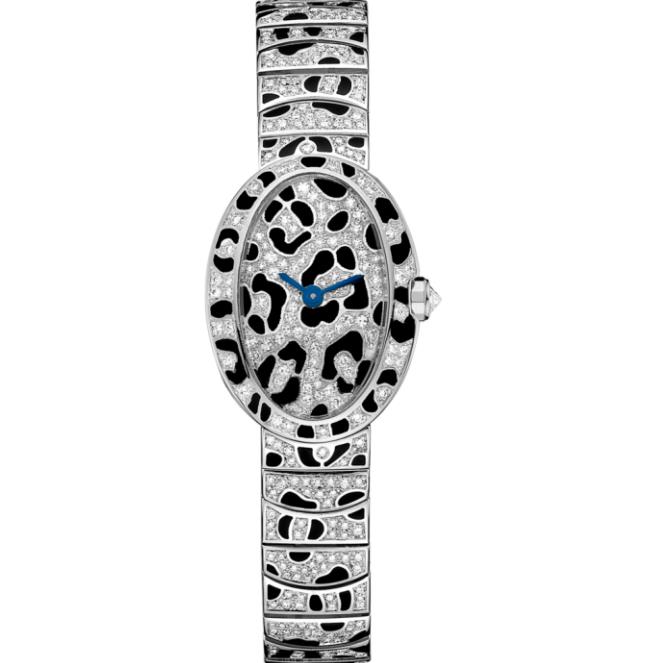 The 18k white gold copy watches are decorated with diamonds.