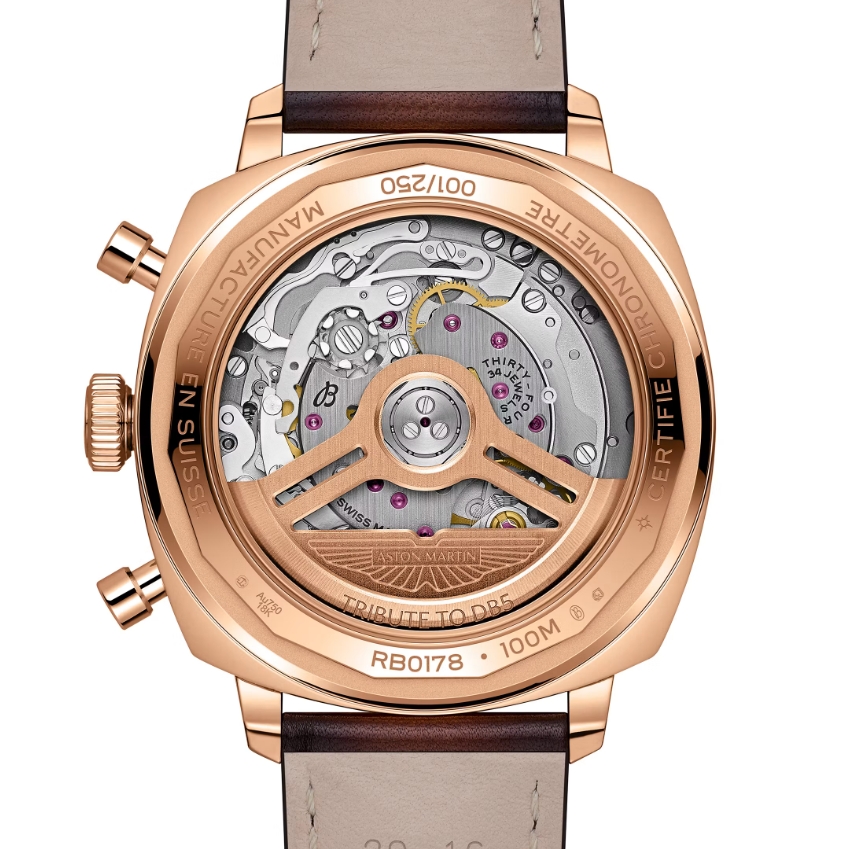 Original Breitling Calibre 01 movement visible through the red gold DB5 caseback